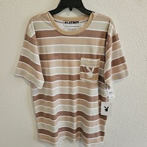 Unisex Playboy Striped Ringer Pocket Shirt Embroiderd Playboy Logo Medium